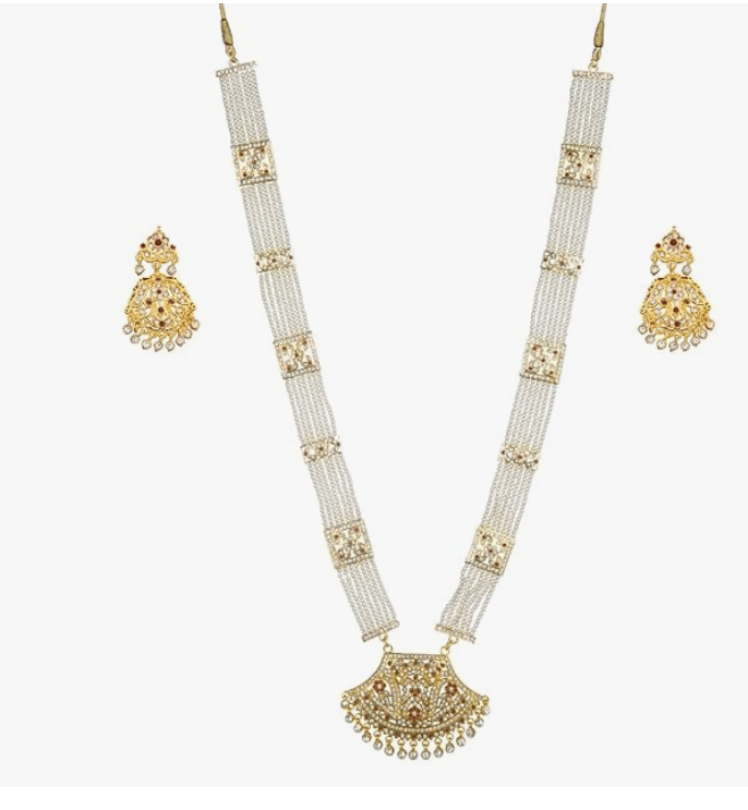 ARyee Antique Royal Rani haar gold plated american diamond kundan n pearls multistrand long adjustable bridal necklace earrings