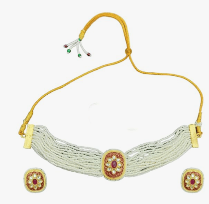 ARyee Gold Plated White Moti Beaded Floral Kundan Choker Necklace Set for Women