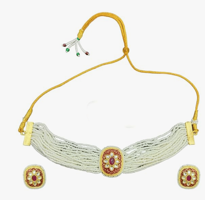 ARyee Gold Plated White Moti Beaded Floral Kundan Choker Necklace Set for Women