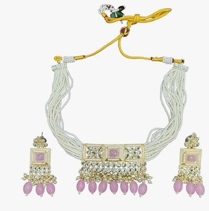 ARyee Antique Royal Rani Chokeer haar gold plated Premium kundan n pearls multistrand long adjustable bridal necklace earrings