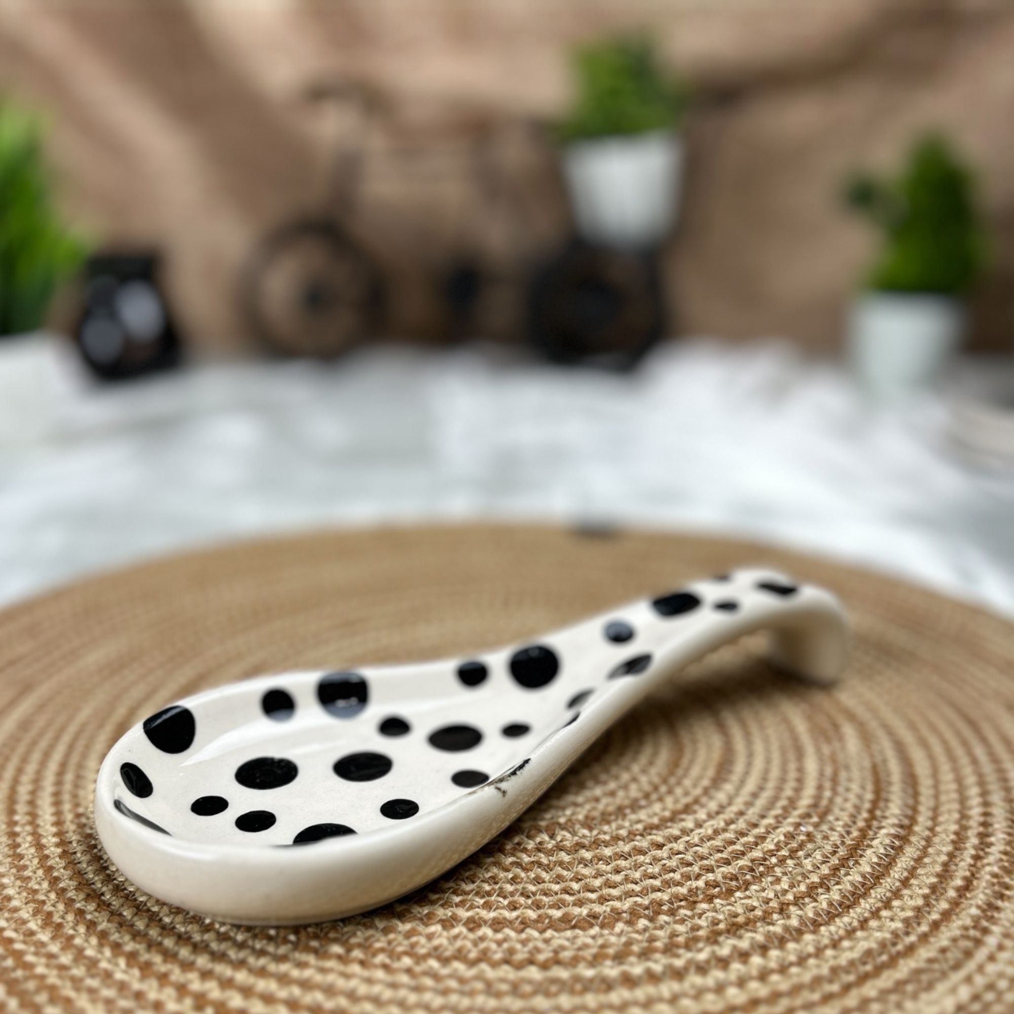 Ceramic Dining Ceramic Black Polkadots Spoon Rest Holder