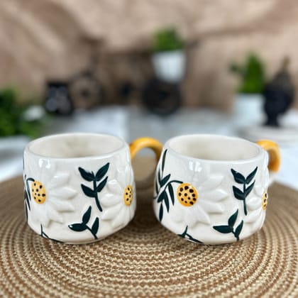 CERAMIC DINING Yellow Sunflower Coffee or Tea Cups Set of 2