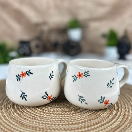 Ceramic Dining Green and Red Floral Coffee or Tea Cups Set of 2