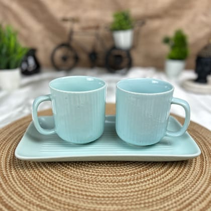 CERAMIC DINING Green Ceramic Coffee Mugs with Tray Set of 3