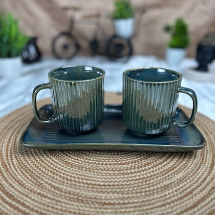 CERAMIC DINING Emerald Green Ceramic Coffee Mugs with Tray Set of 3