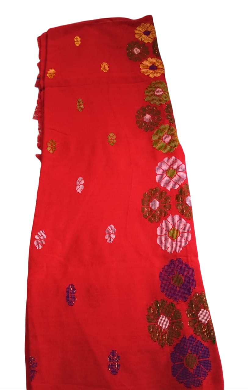 Asomi Cotton Handloom Karbi Assamees mekhela sador(Red)