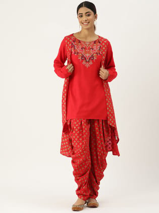 Women Embroidered Mirror Work Cotton Kurti with Dhoti Pants & With Shrug