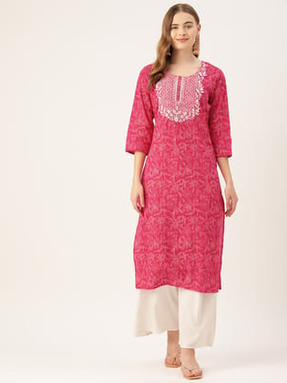 Women Floral Printed Thread Work Kurta