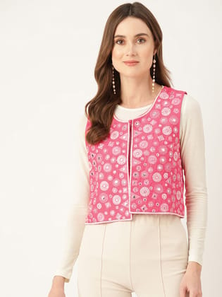 Geometric Pure Cotton Crop Tailored Jacket with Embroidered Detail