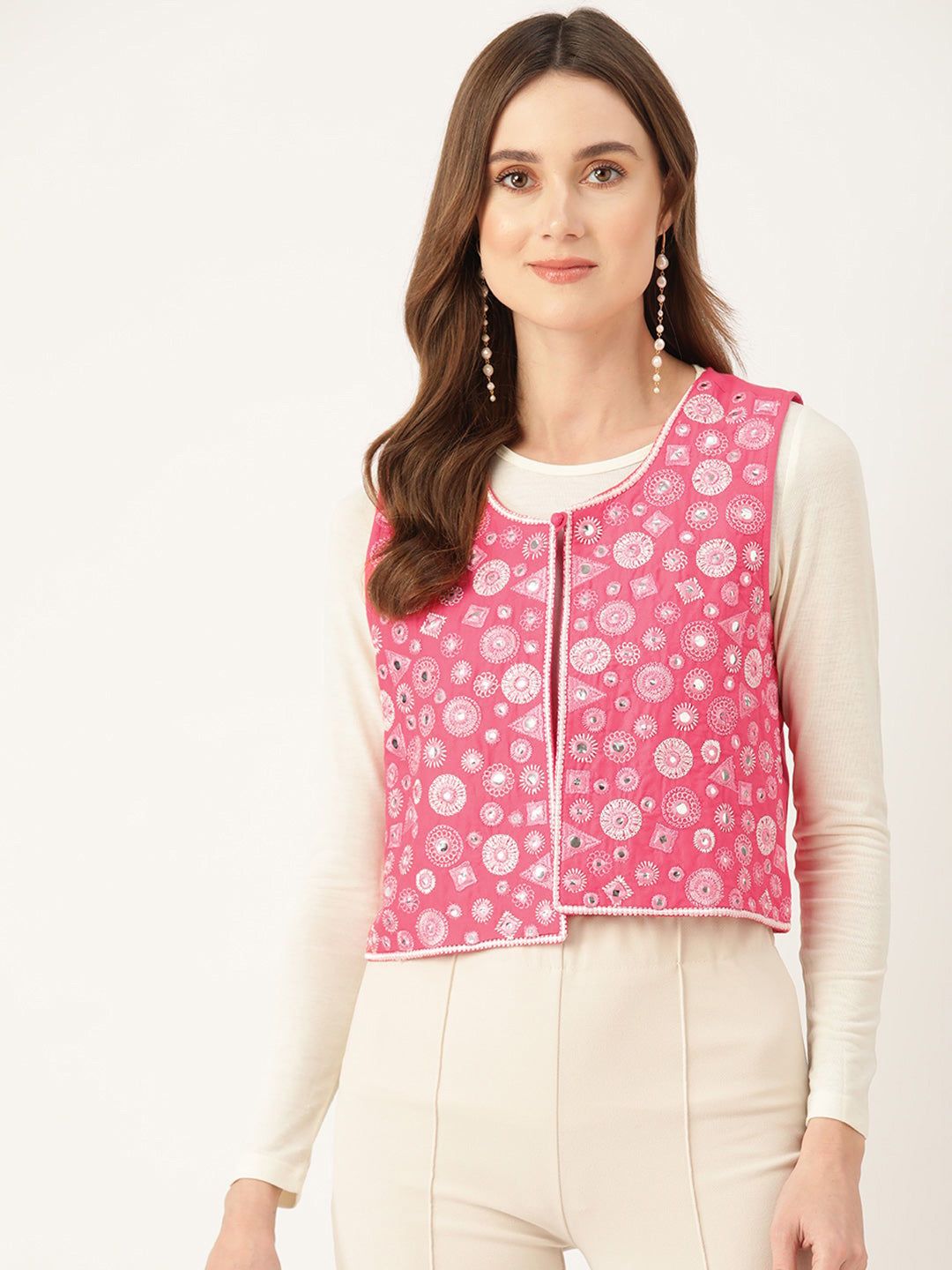 Geometric Pure Cotton Crop Tailored Jacket with Embroidered Detail