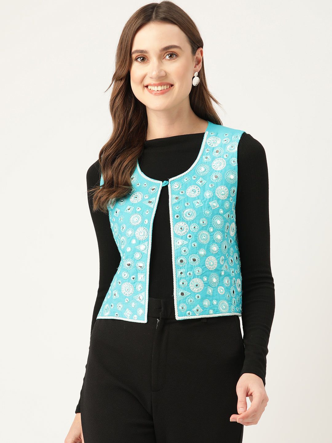 Geometric Pure Cotton Crop Tailored Jacket with Embroidered Detail