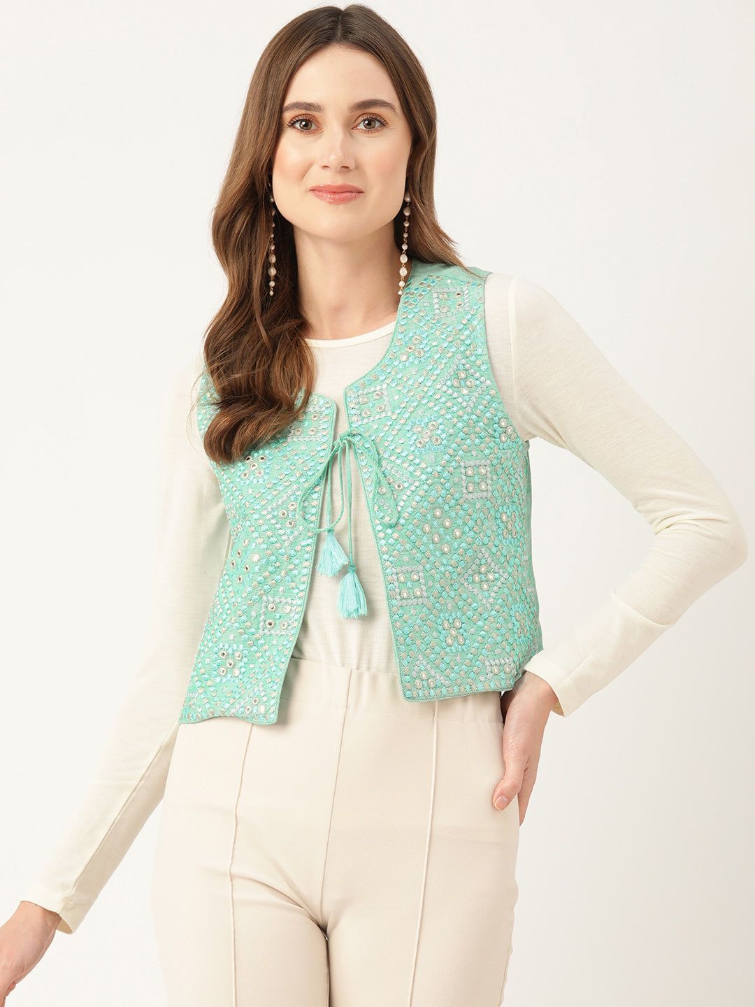 Geometric Pure Cotton Crop Tailored Jacket with Embroidered Detail