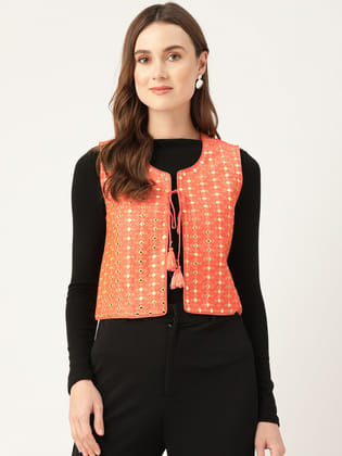 Geometric Pure Cotton Crop Tailored Jacket with Embroidered Detail