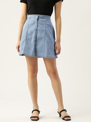 Women Blue Solid A-Line Denim Skirt