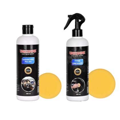 UNIESHINE combo pack of Tyre dresser(500ml), Dashboard Polish(500ml) with 2 washable polish sponges for car and bike