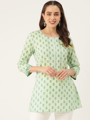 Ethnic Motifs Printed Pure Cotton Mirror Work Pleated Kurti