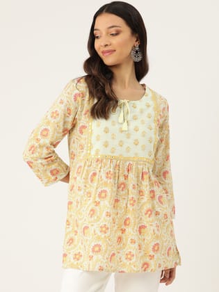 Floral Printed Mirror Work Pure Cotton Mirror Work Pleated Kurti