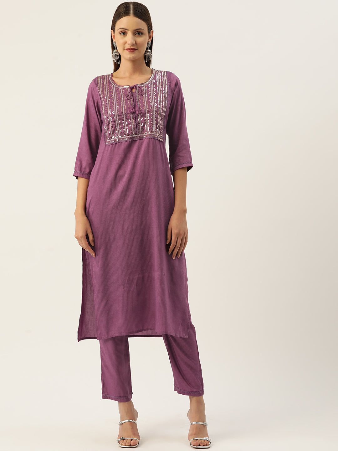 Ethnic Motifs Yoke Design Regular Sequinned Kurta with Trousers