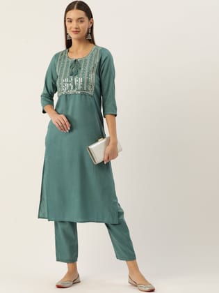 Ethnic Motifs Yoke Design Regular Sequinned Kurta with Trousers