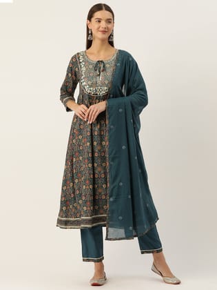 Ethnic Motifs Printed Pleated Sequinned Kurta with Trousers & Dupatta