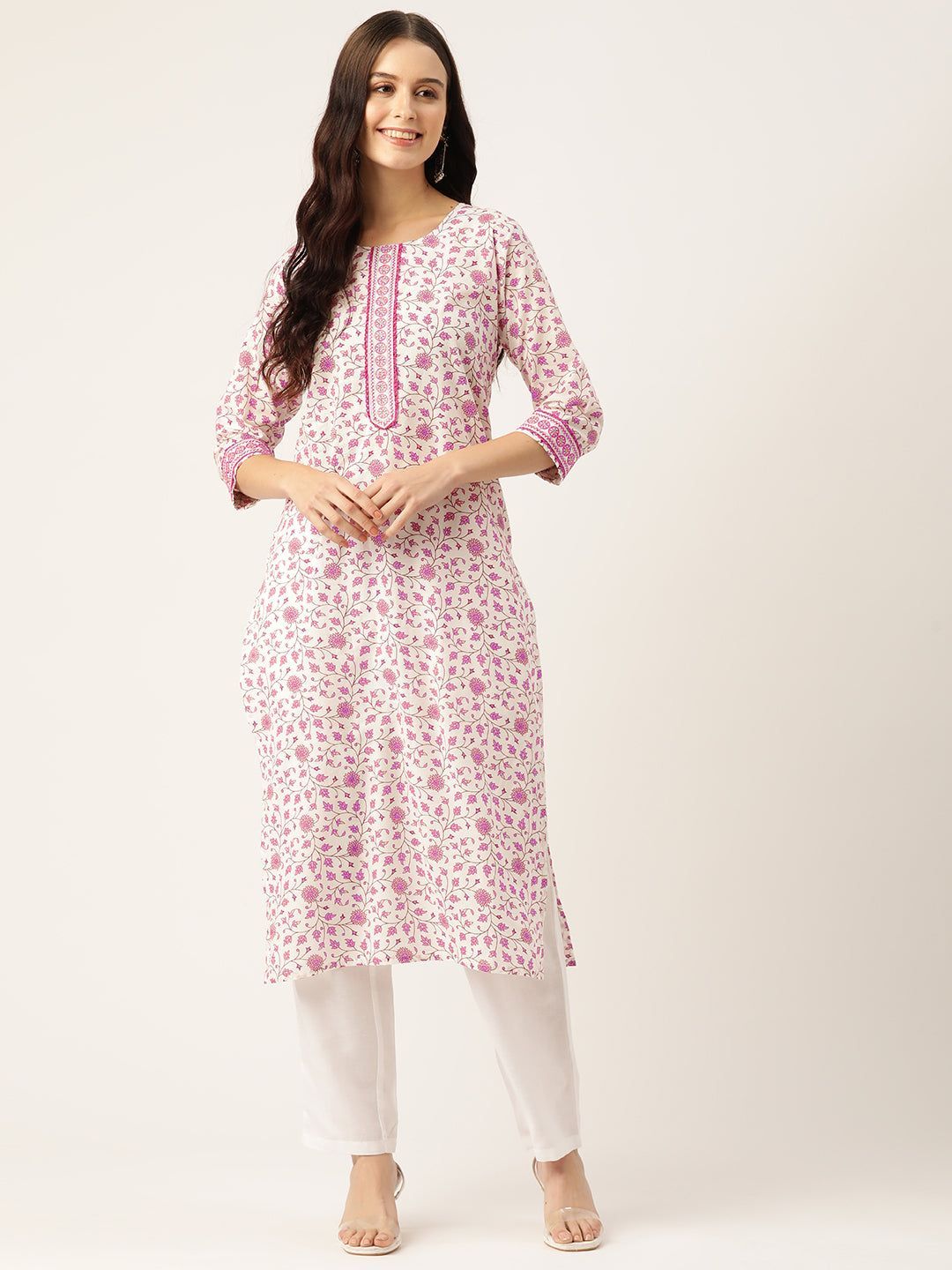 Women White & Pink Floral Printed A-Line Kurta