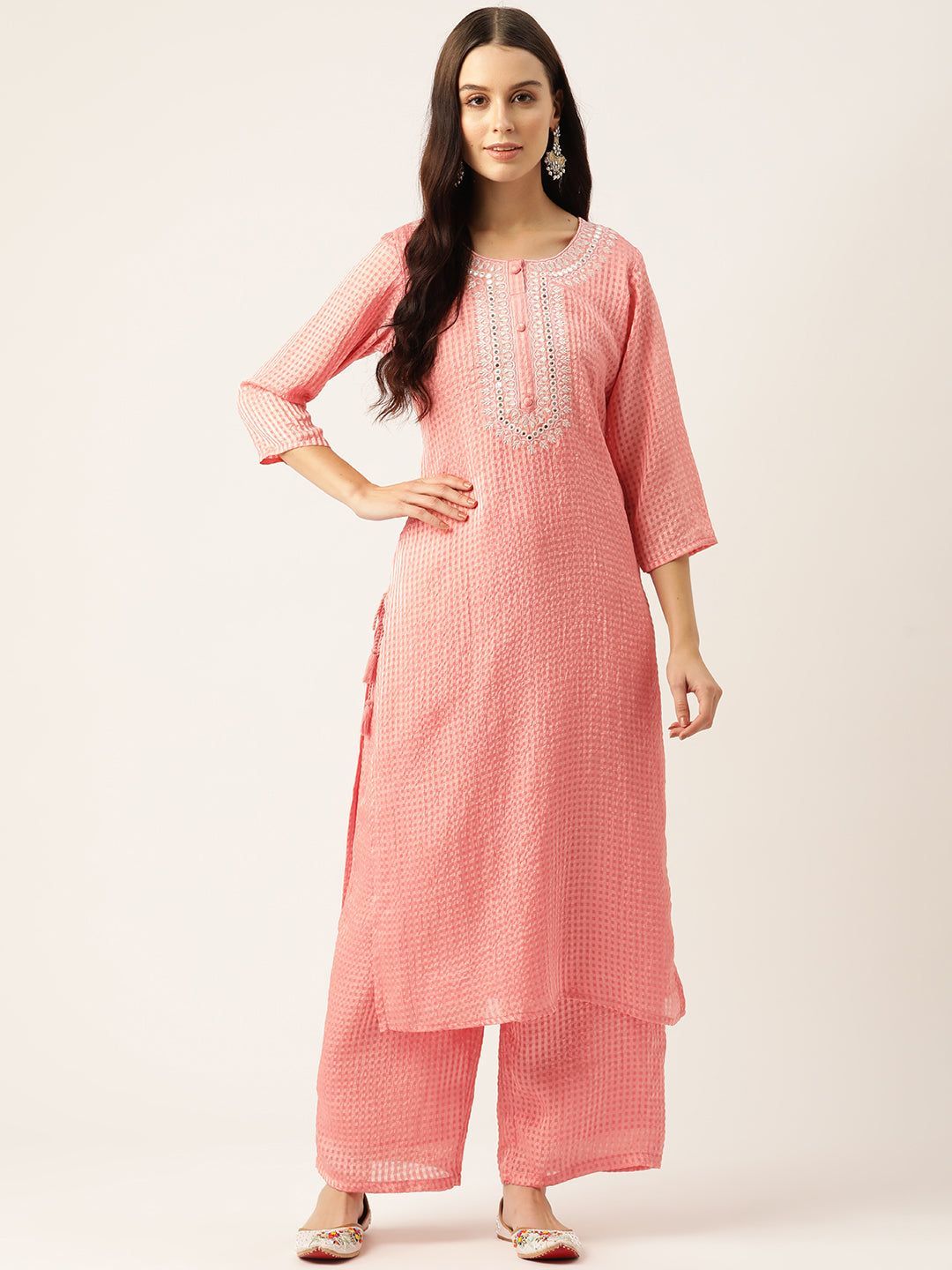 Checked Mirror Work Georgette Kurta with Palazzos