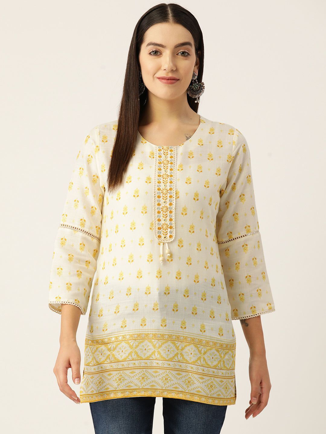 Floral Printed Mirror Work Pure Cotton Mirror Work Kurti