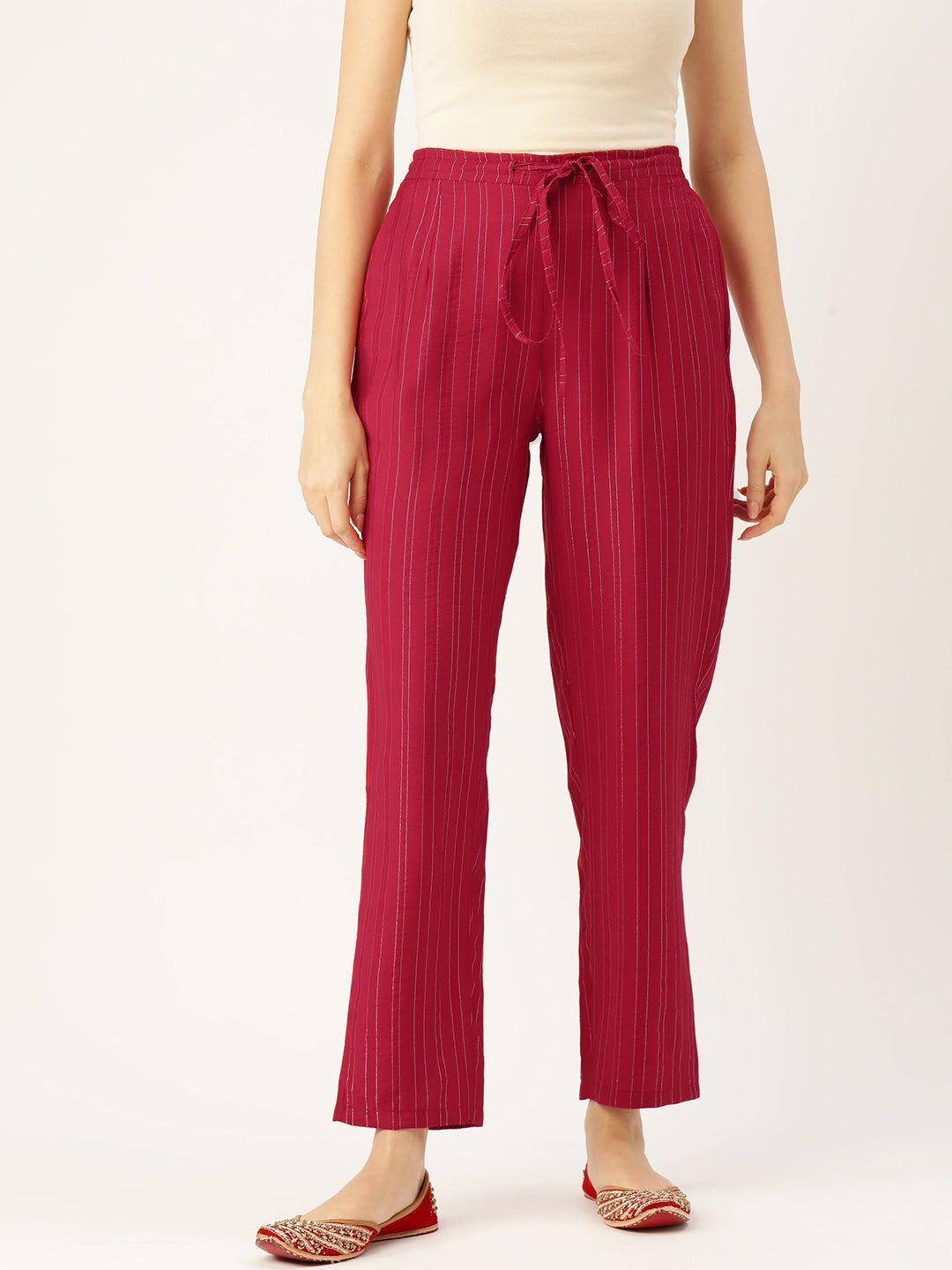 Women Striped Smart Straight Fit Cotton Trousers