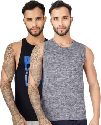 BLUEFICUS Men's GymVest Workout and Muscle Tank Top for Bodybuilding Running Weight Lifting Made by Dryfit Polyester Fabric (Black & Grey) (Pack of 2)