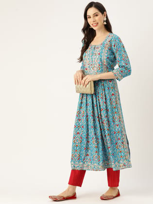 Women Floral Yoke Design Mirror Work Cotton Kurta