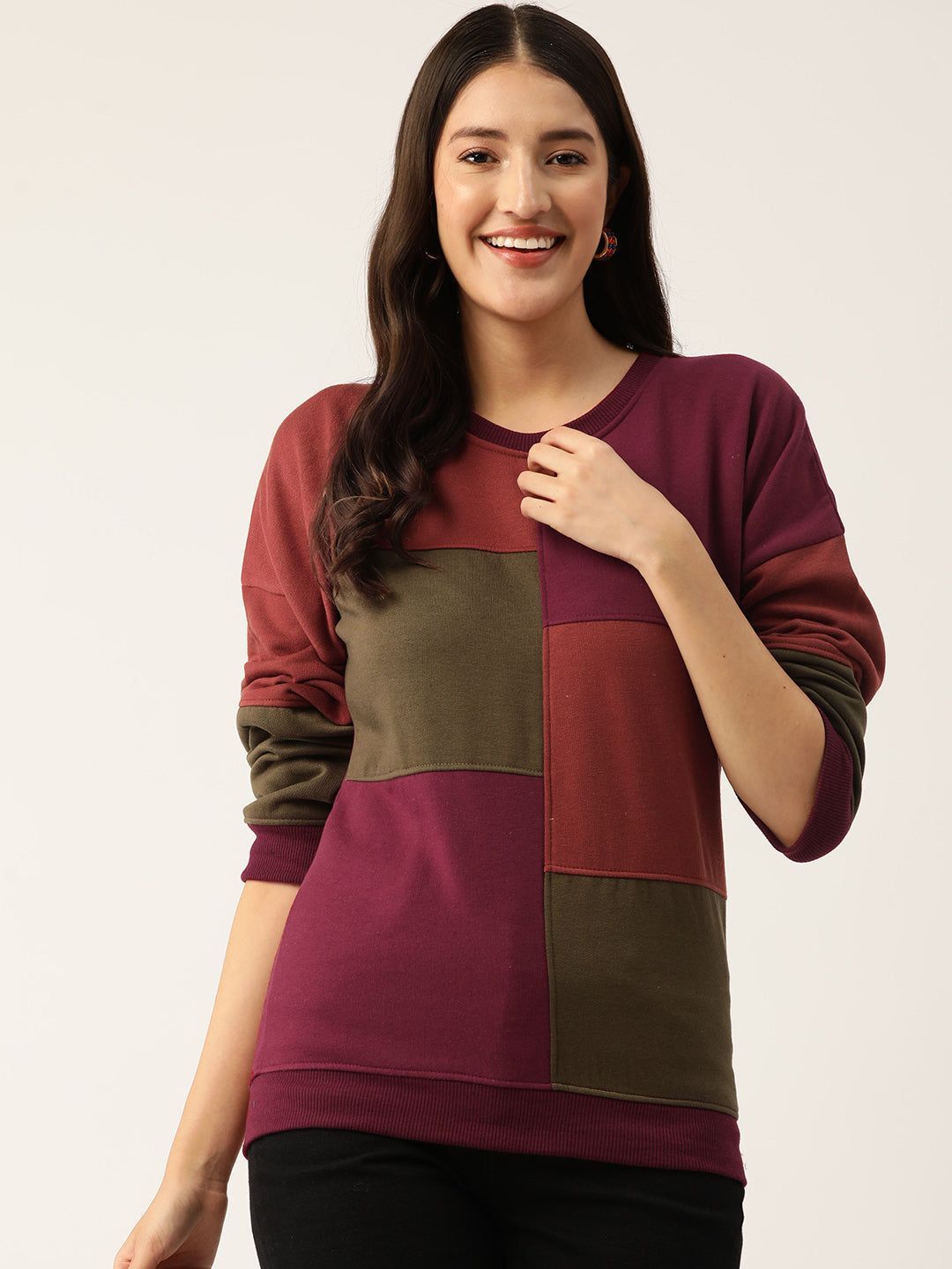 Maroon Colourblocked Fleece Sweatshirt