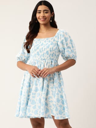 Print Puff Sleeves Crepe Fit & Flare Dress