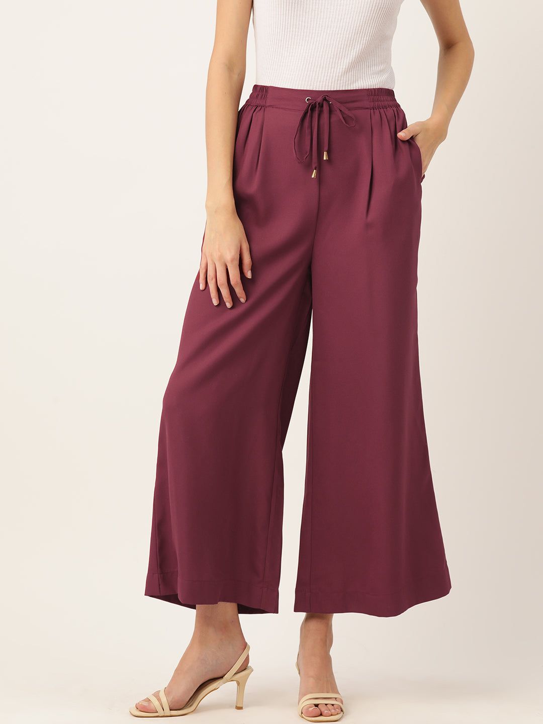 Rue Collection Maroon Relaxed Loose Fit High-Rise Pleated Culottes