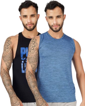 BLUEFICUS Men's GymVest Workout and Muscle Tank Top for Bodybuilding Running Weight Lifting Made by Dryfit Polyester Fabric (Black & Blue) (Pack of 2)