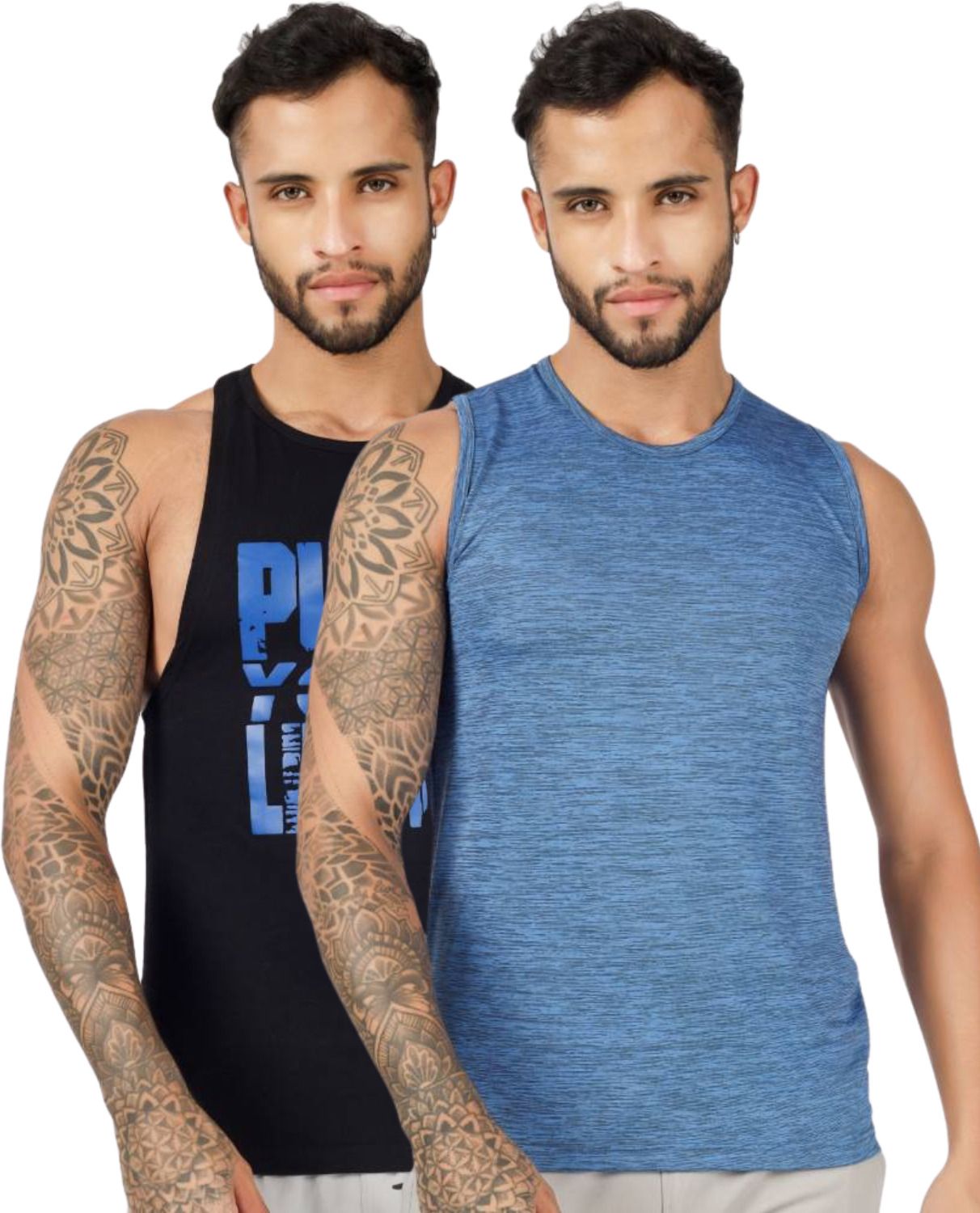 BLUEFICUS Men's GymVest Workout and Muscle Tank Top for Bodybuilding Running Weight Lifting Made by Dryfit Polyester Fabric (Black & Blue) (Pack of 2)