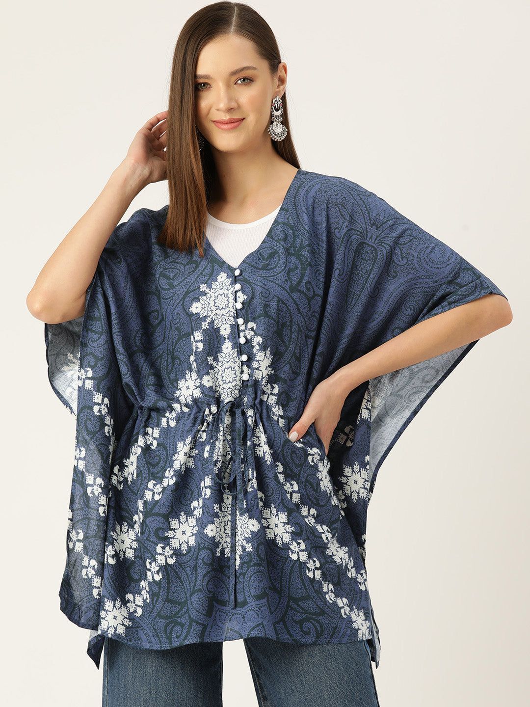 Printed Kimono Sleeves Ethnic Kaftan Longline Top