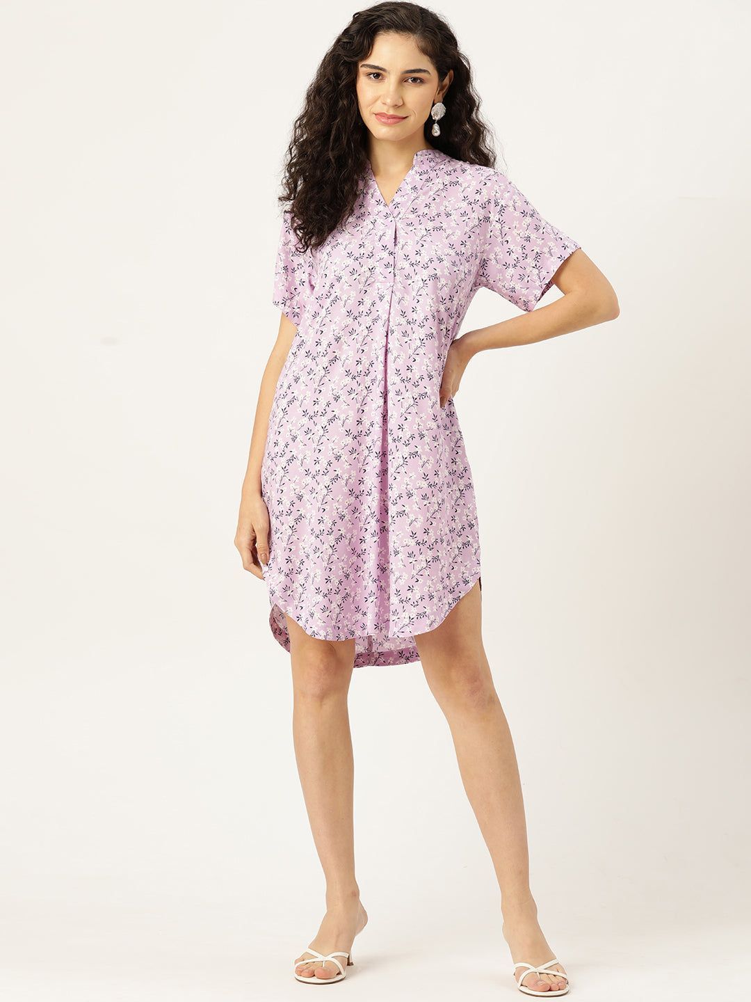 Rue Collection Floral Print Mandarin Collar Shirt Dress
