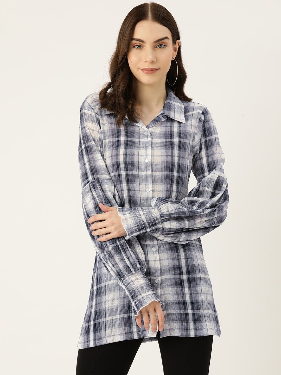 Checked Puff Sleeve Cotton Shirt Style Longline Top