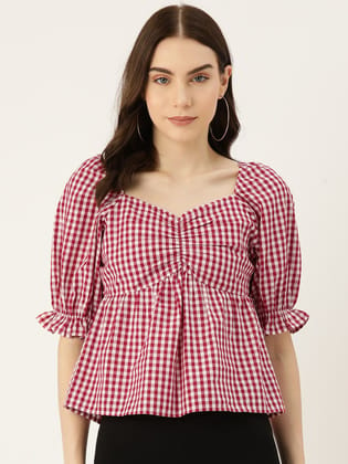 Checked Sweetheart Neck Puff Sleeve Cotton Bardot Top