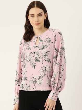 Floral Print Keyhole Neck Puff Sleeve Top