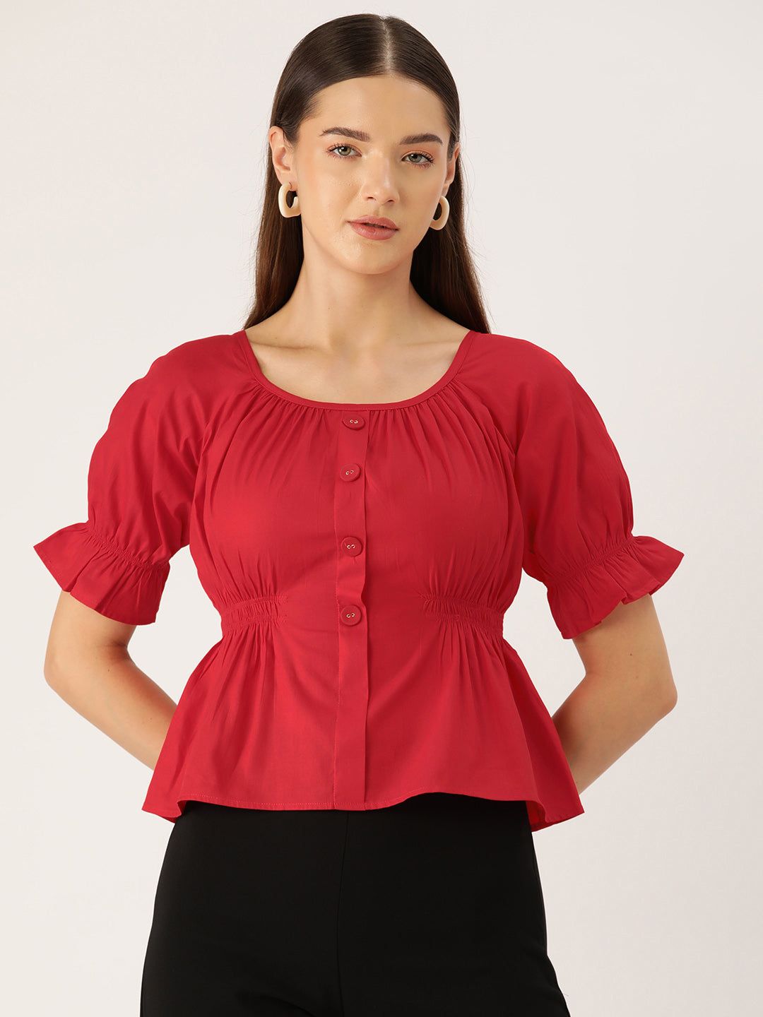 Red Puff Sleeves Peplum Top