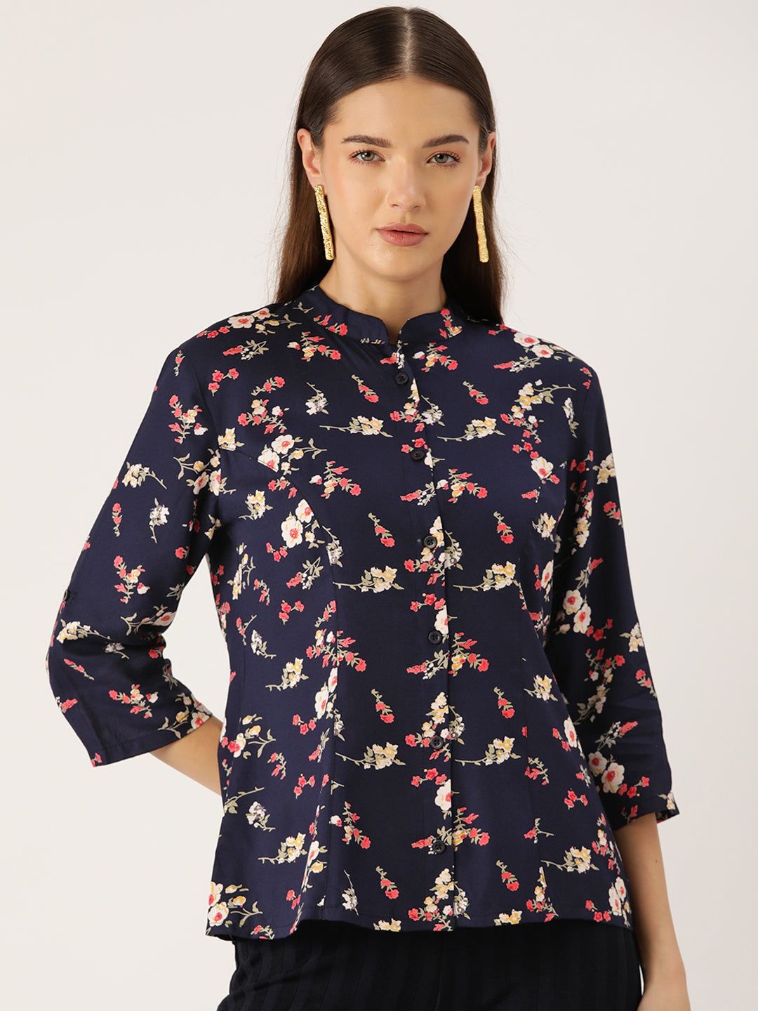 Floral Print Mandarin Collar Shirt Style Top