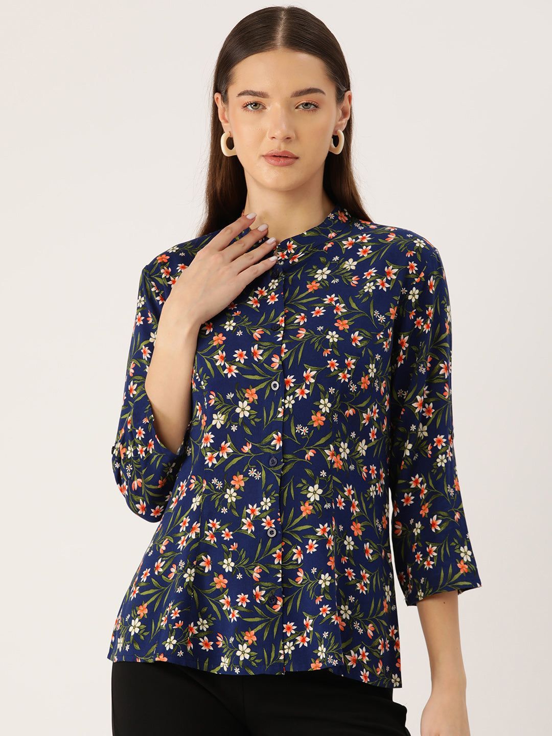 Floral Print Mandarin Collar Shirt Style Top