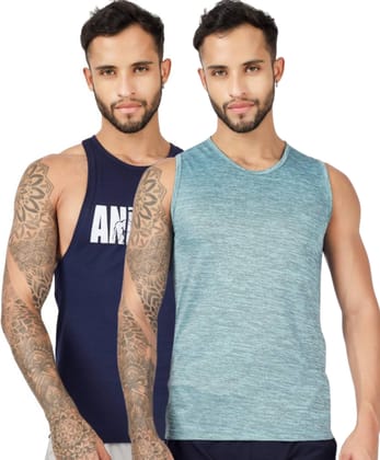 BLUEFICUS Men's GymVest Workout and Muscle Tank Top for Bodybuilding Running Weight Lifting Made by Dryfit Polyester Fabric (Green & Dark Blue) (Pack of 2)