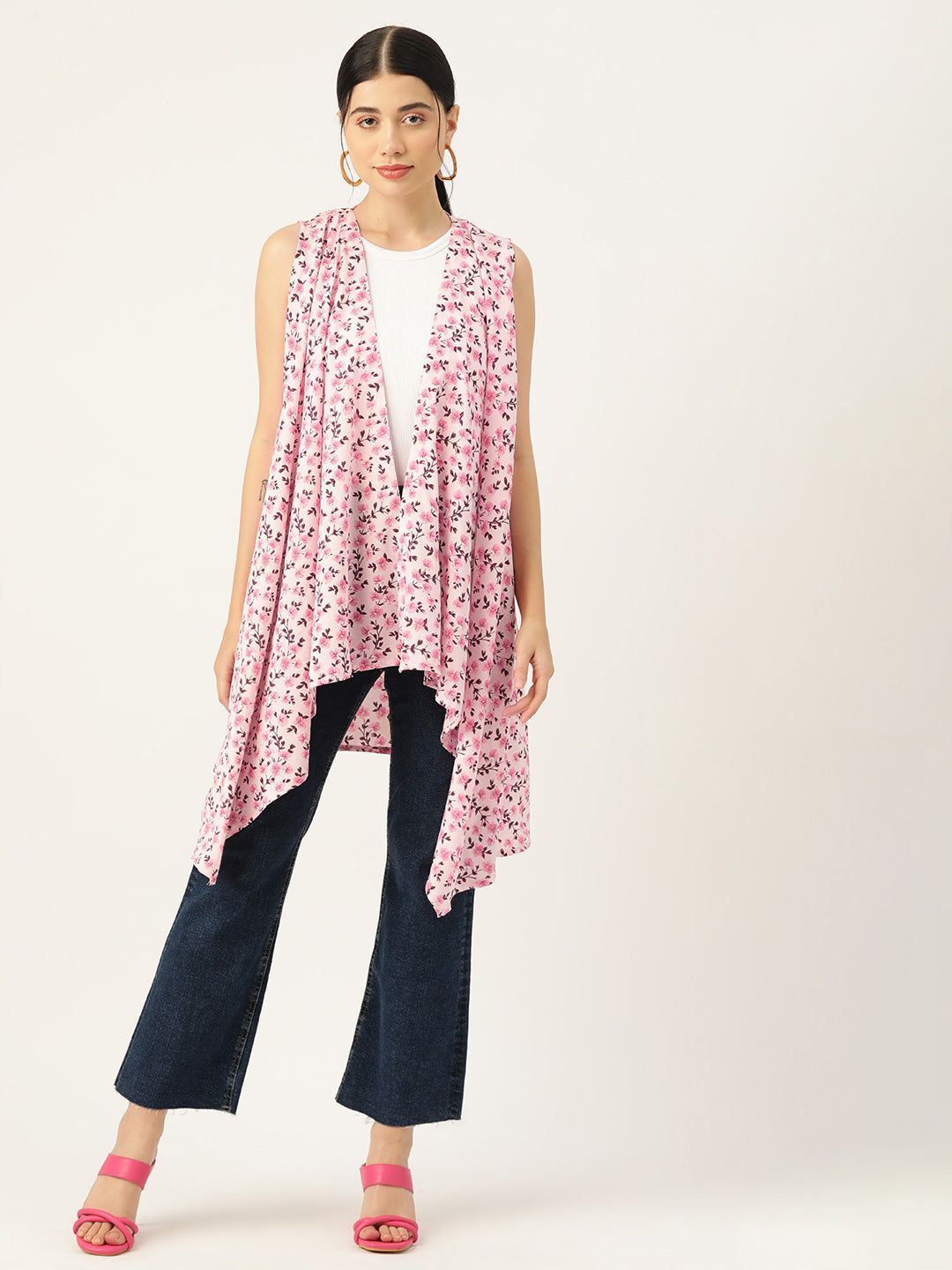 Women Pink Printed Longline Waterfall Shrug