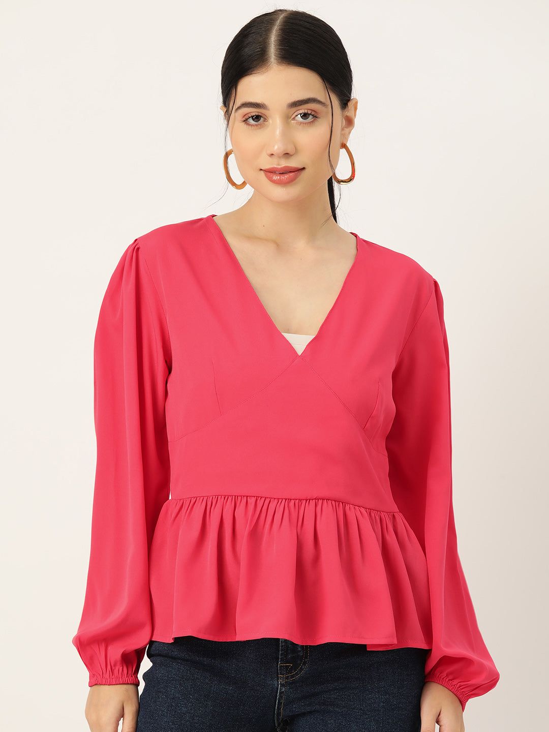 Coral Solid Puff Sleeve Crepe Peplum Top