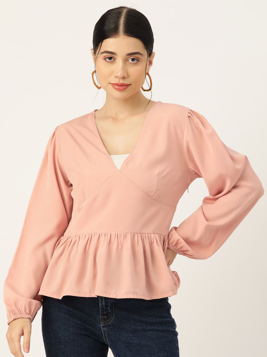 Beige Solid Puff Sleeve Crepe Peplum Top