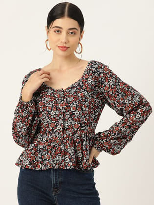 Floral Print Puff Sleeve Peplum Top