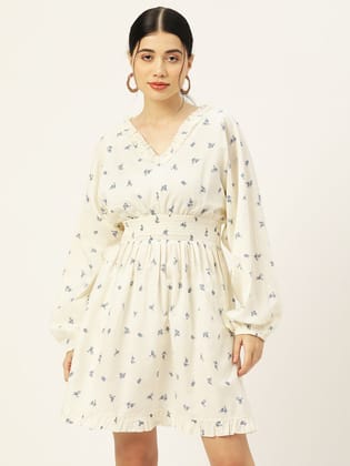 Women Floral Printed Smocked Puff Sleeves Cotton A-Line Dress