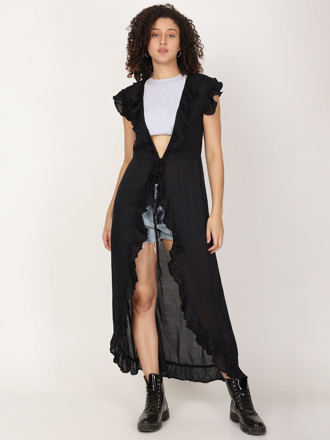 Long Ruffled Kimono shrug With Waist Tie Belt